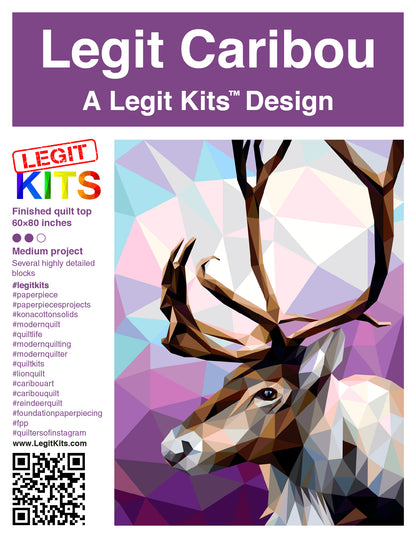 A beautiful caribou surrounded by cool colors.  The cover for Legit Caribou, a 60x80 inch FPP quilt pattern.