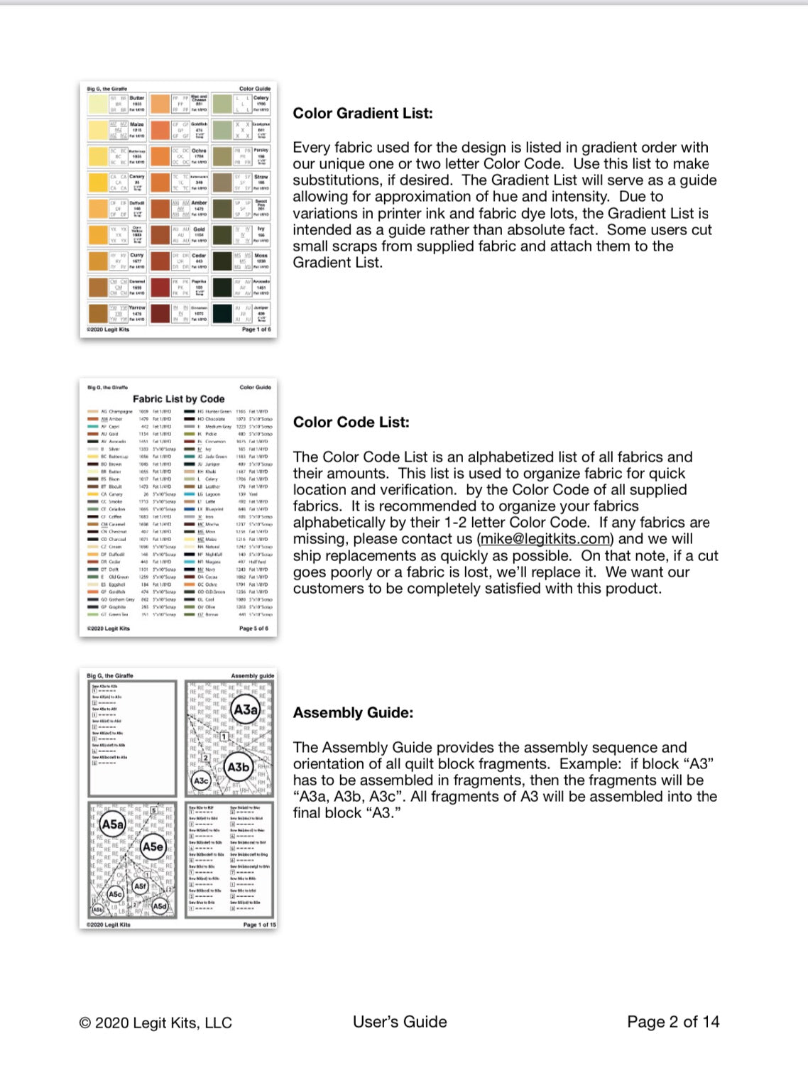 Excerpt from the user's guide.  A highly detailed document that walks the user through every step of the process for completing a legit kits quilt top.