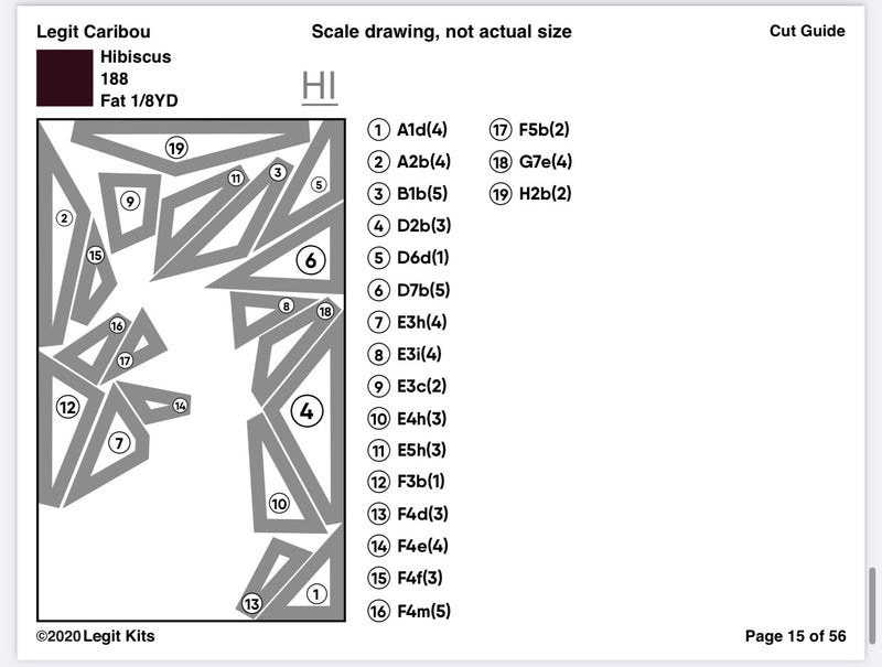 Legit Kits cut guide, shows all pieces of a fabric that are cut to make the design.  Gives an indication of large cuts so you leave room for those pieces that appear later in the project.