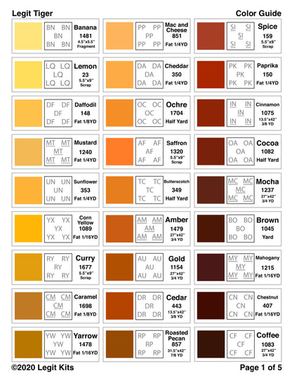 Color guide for legit tiger, allows for matching of personal fabrics to the design.